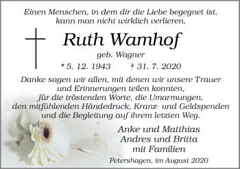 Traueranzeige von Ruth Wamhof von Neue Osnabrücker Zeitung GmbH & Co. KG