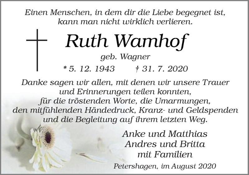  Traueranzeige für Ruth Wamhof vom 29.08.2020 aus Neue Osnabrücker Zeitung GmbH & Co. KG