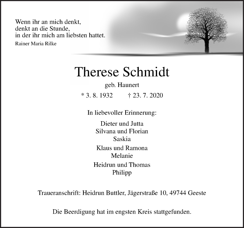  Traueranzeige für Therese Schmidt vom 01.08.2020 aus Neue Osnabrücker Zeitung GmbH & Co. KG