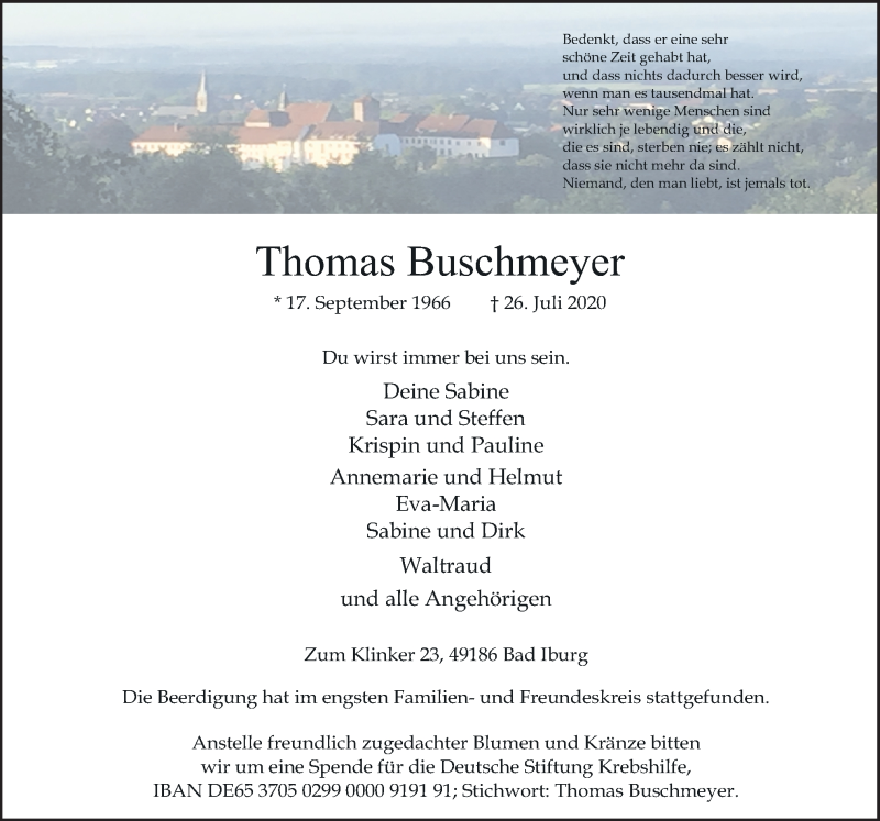  Traueranzeige für Thomas Buschmeyer vom 01.08.2020 aus Neue Osnabrücker Zeitung GmbH & Co. KG