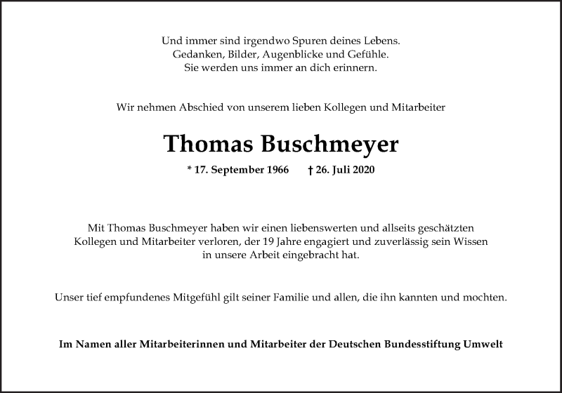  Traueranzeige für Thomas Buschmeyer vom 01.08.2020 aus Neue Osnabrücker Zeitung GmbH & Co. KG
