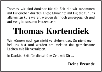 Traueranzeige von Thomas Kortendiek von Neue Osnabrücker Zeitung GmbH & Co. KG