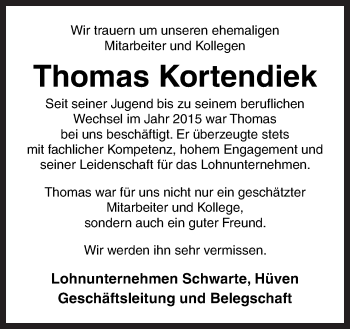 Traueranzeige von Thomas Kortendiek von Neue Osnabrücker Zeitung GmbH & Co. KG