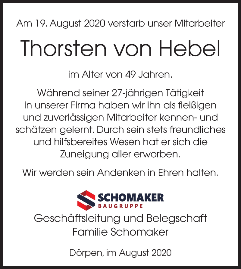  Traueranzeige für Thorsten von Hebel vom 25.08.2020 aus Neue Osnabrücker Zeitung GmbH & Co. KG