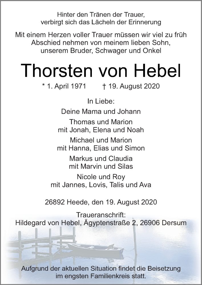  Traueranzeige für Thorsten von Hebel vom 24.08.2020 aus Neue Osnabrücker Zeitung GmbH & Co. KG