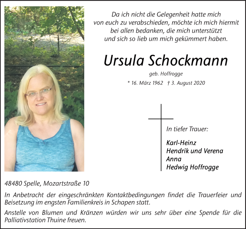  Traueranzeige für Ursula Schockmann vom 05.08.2020 aus Neue Osnabrücker Zeitung GmbH & Co. KG