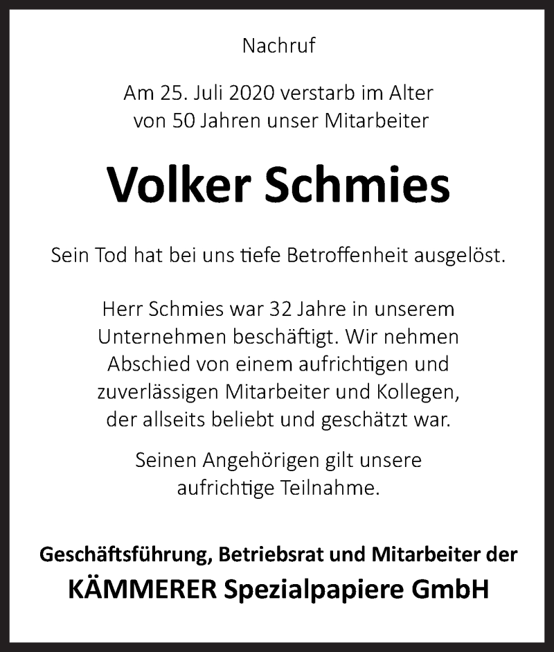  Traueranzeige für Volker Schmies vom 01.08.2020 aus Neue Osnabrücker Zeitung GmbH & Co. KG