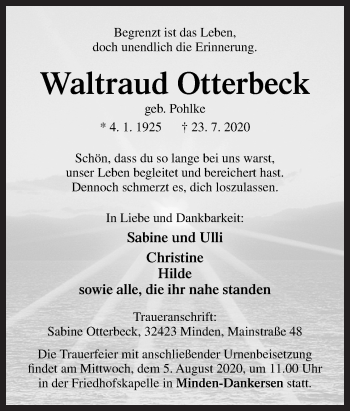 Traueranzeige von Waltraud Otterbeck von Neue Osnabrücker Zeitung GmbH & Co. KG