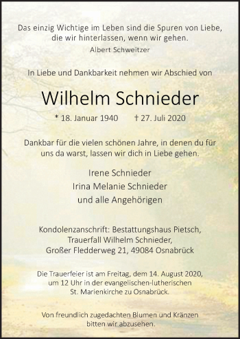 Traueranzeige von Wilhelm Schnieder von Neue Osnabrücker Zeitung GmbH & Co. KG