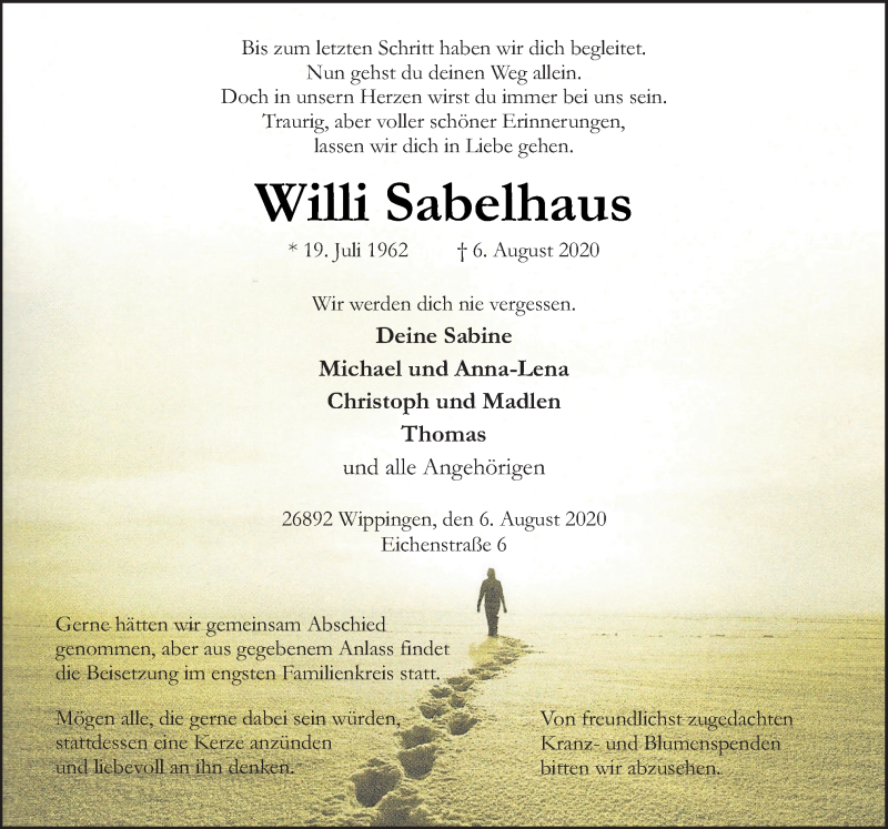  Traueranzeige für Willi Sabelhaus vom 10.08.2020 aus Neue Osnabrücker Zeitung GmbH & Co. KG