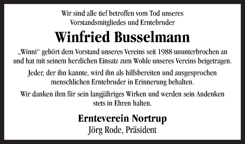 Traueranzeige für Winfried Busselmann vom 29.08.2020 aus Neue Osnabrücker Zeitung GmbH & Co. KG