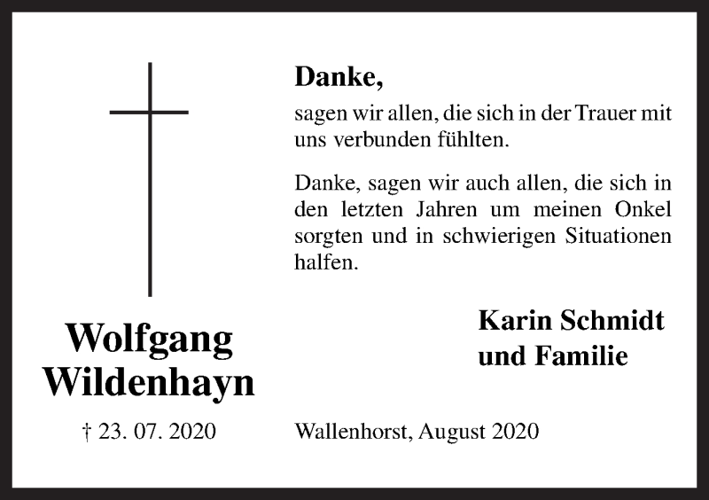  Traueranzeige für Wolfgang Wildenhayn vom 08.08.2020 aus Neue Osnabrücker Zeitung GmbH & Co. KG