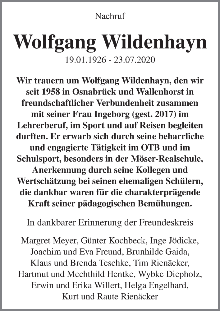  Traueranzeige für Wolfgang Wildenhayn vom 08.08.2020 aus Neue Osnabrücker Zeitung GmbH & Co. KG