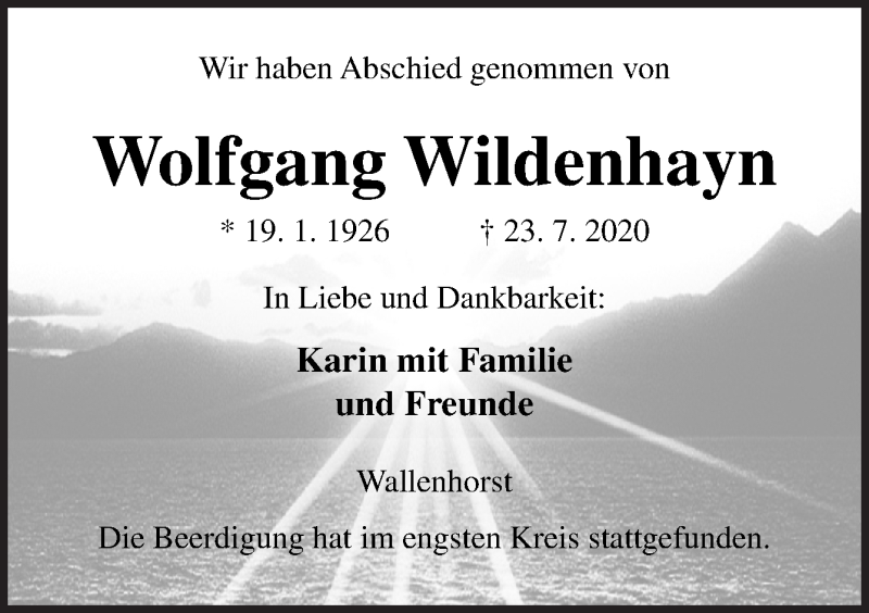  Traueranzeige für Wolfgang Wildenhayn vom 01.08.2020 aus Neue Osnabrücker Zeitung GmbH & Co. KG