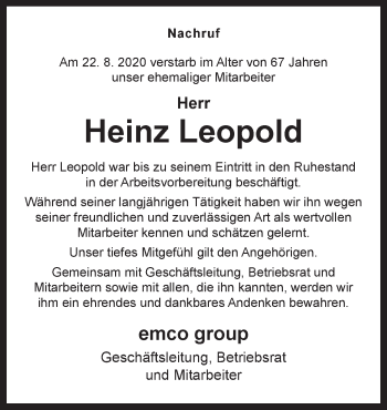 Traueranzeige von Heinz Leopold von Neue Osnabrücker Zeitung GmbH & Co. KG