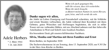 Traueranzeige von Adele Herbers von Neue Osnabrücker Zeitung GmbH & Co. KG