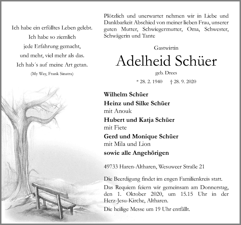  Traueranzeige für Adelheid Schüer vom 29.09.2020 aus Neue Osnabrücker Zeitung GmbH & Co. KG