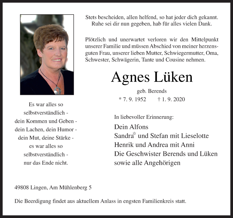  Traueranzeige für Agnes Lüken vom 03.09.2020 aus Neue Osnabrücker Zeitung GmbH & Co. KG