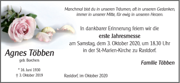 Traueranzeige von Agnes Többen von Neue Osnabrücker Zeitung GmbH & Co. KG