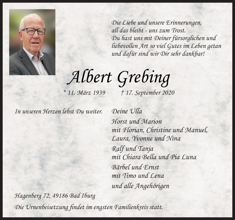  Traueranzeige für Albert Grebing vom 23.09.2020 aus Neue Osnabrücker Zeitung GmbH & Co. KG