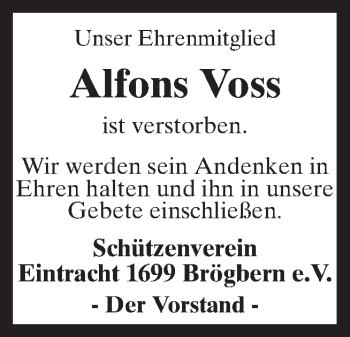 Traueranzeige von Alfons Voss von Neue Osnabrücker Zeitung GmbH & Co. KG