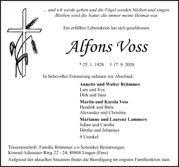 Traueranzeige von Alfons Voss von Neue Osnabrücker Zeitung GmbH & Co. KG