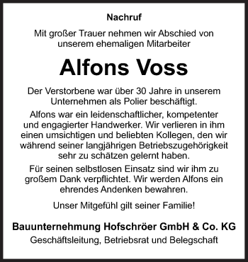 Traueranzeige von Alfons Voss von Neue Osnabrücker Zeitung GmbH & Co. KG