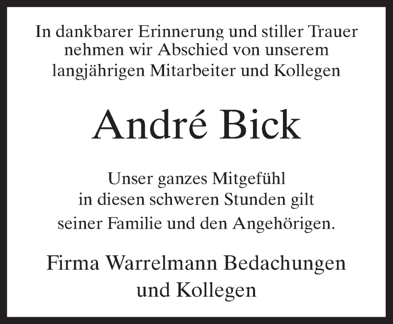  Traueranzeige für André Bick vom 05.09.2020 aus Neue Osnabrücker Zeitung GmbH & Co. KG