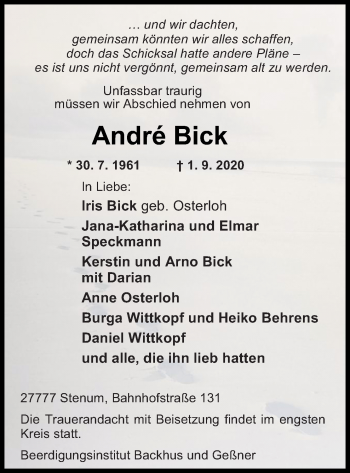 Traueranzeige von André Bick von Neue Osnabrücker Zeitung GmbH & Co. KG