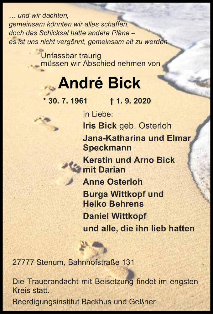  Traueranzeige für André Bick vom 05.09.2020 aus Neue Osnabrücker Zeitung GmbH & Co. KG