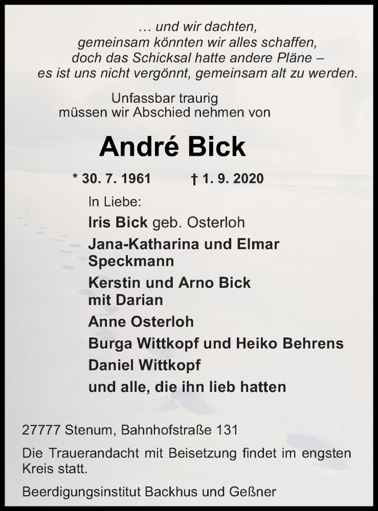  Traueranzeige für André Bick vom 04.09.2020 aus Neue Osnabrücker Zeitung GmbH & Co. KG