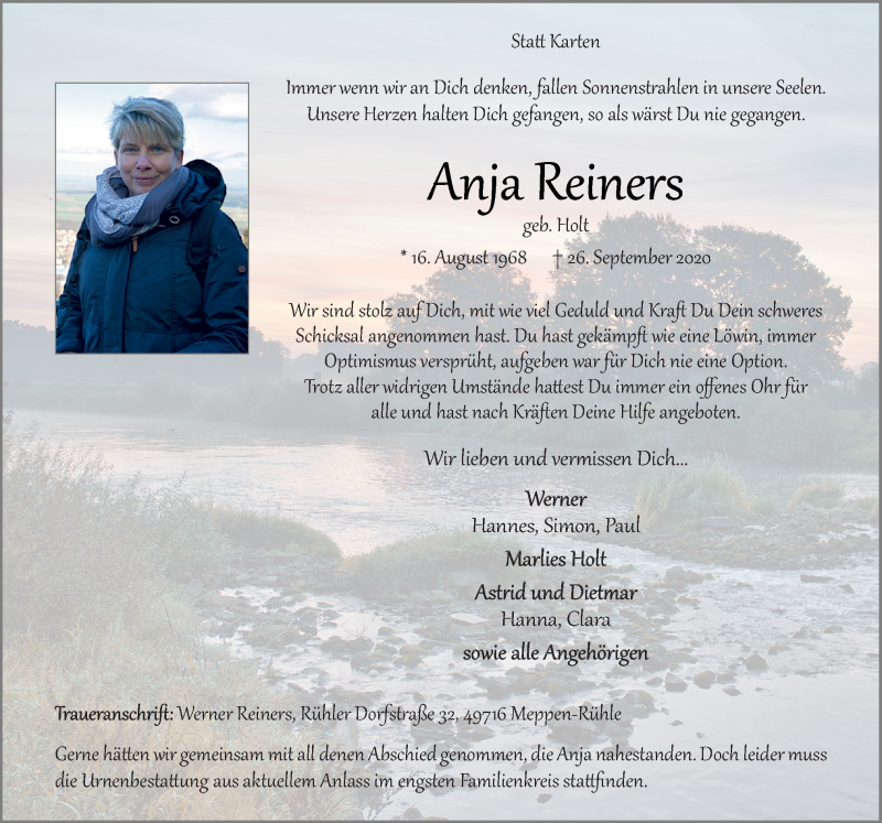  Traueranzeige für Anja Reiners vom 28.09.2020 aus Neue Osnabrücker Zeitung GmbH & Co. KG