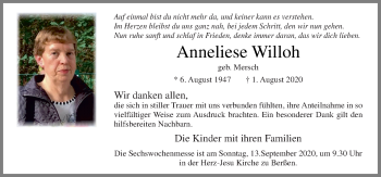 Traueranzeige von Anneliese Willoh von Neue Osnabrücker Zeitung GmbH & Co. KG