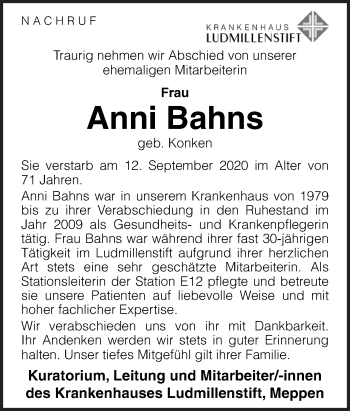 Traueranzeige von Anni Bahns von Neue Osnabrücker Zeitung GmbH & Co. KG