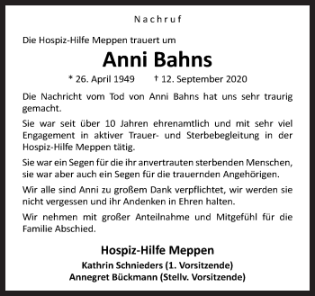 Traueranzeige von Anni Bahns von Neue Osnabrücker Zeitung GmbH & Co. KG