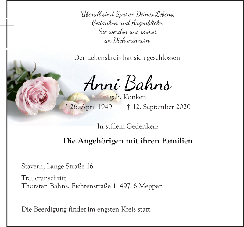  Traueranzeige für Anni Bahns vom 15.09.2020 aus Neue Osnabrücker Zeitung GmbH & Co. KG