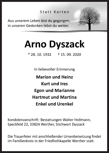 Traueranzeige von Arno Dyszack von Neue Osnabrücker Zeitung GmbH & Co. KG