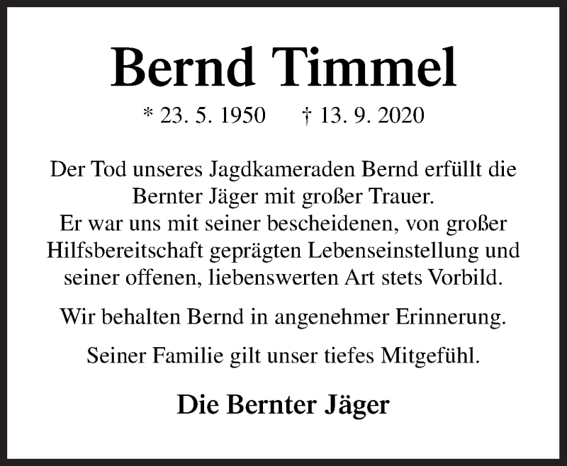  Traueranzeige für Bernd Timmel vom 19.09.2020 aus Neue Osnabrücker Zeitung GmbH & Co. KG