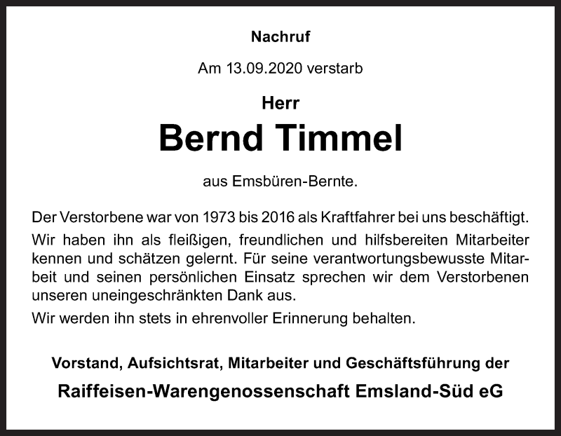  Traueranzeige für Bernd Timmel vom 18.09.2020 aus Neue Osnabrücker Zeitung GmbH & Co. KG