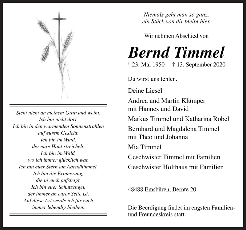 Traueranzeige für Bernd Timmel vom 16.09.2020 aus Neue Osnabrücker Zeitung GmbH & Co. KG
