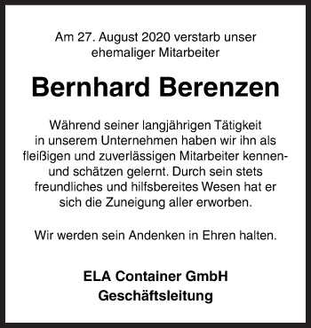 Traueranzeige von Bernhard Berenzen von Neue Osnabrücker Zeitung GmbH & Co. KG