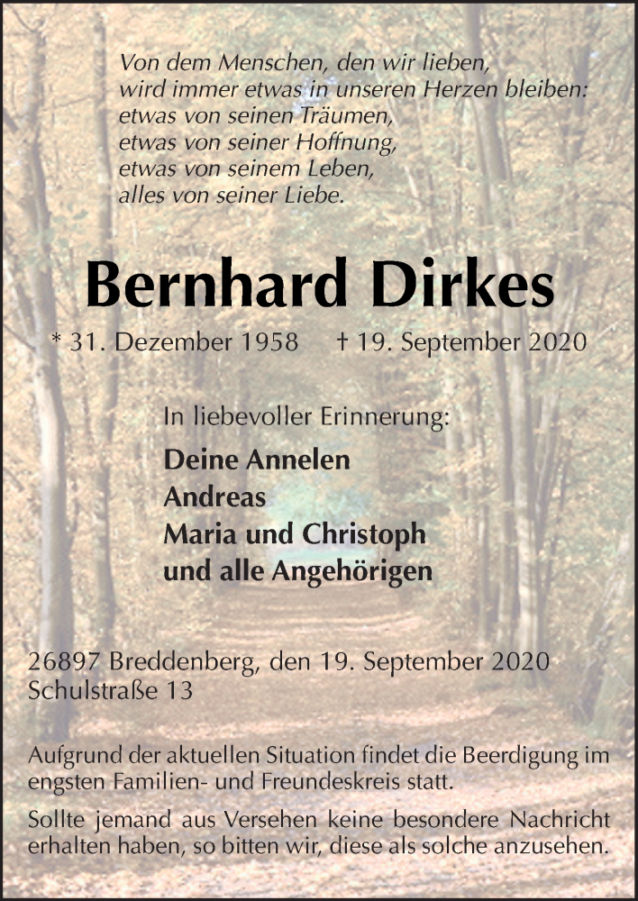  Traueranzeige für Bernhard Dirkes vom 23.09.2020 aus Neue Osnabrücker Zeitung GmbH & Co. KG