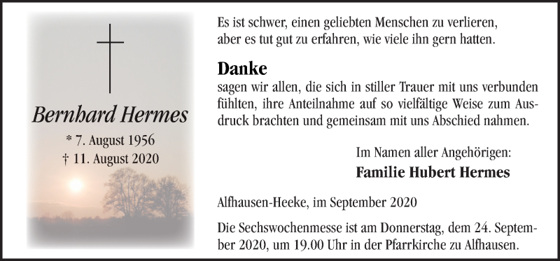  Traueranzeige für Bernhard Hermes vom 21.09.2020 aus Neue Osnabrücker Zeitung GmbH & Co. KG