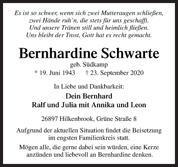 Traueranzeige von Bernhardine Schwarte von Neue Osnabrücker Zeitung GmbH & Co. KG