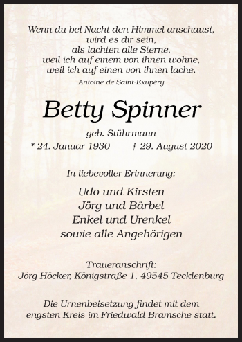 Traueranzeige von Betty Spinner von Neue Osnabrücker Zeitung GmbH & Co. KG