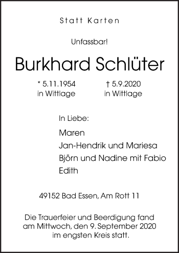 Traueranzeige von Burkhard Schlüter von Neue Osnabrücker Zeitung GmbH & Co. KG