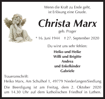 Traueranzeige von Christa Marx von Neue Osnabrücker Zeitung GmbH & Co. KG