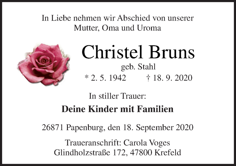  Traueranzeige für Christel Bruns vom 24.09.2020 aus Neue Osnabrücker Zeitung GmbH & Co. KG