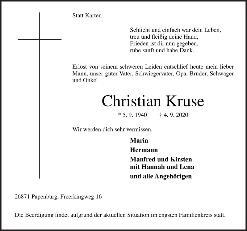  Traueranzeige für Christian Kruse vom 08.09.2020 aus Neue Osnabrücker Zeitung GmbH & Co. KG