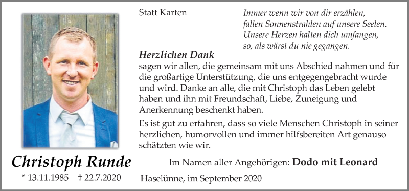  Traueranzeige für Christoph Runde vom 02.09.2020 aus Neue Osnabrücker Zeitung GmbH & Co. KG